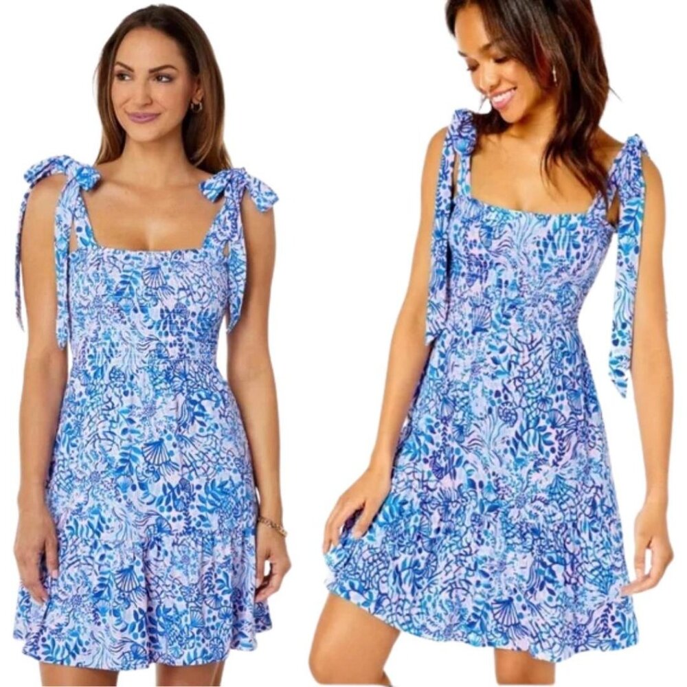 Lilly Pulitzer Kailua Smocked Dress Tie Shoulder Straps Blue and Pink XXS